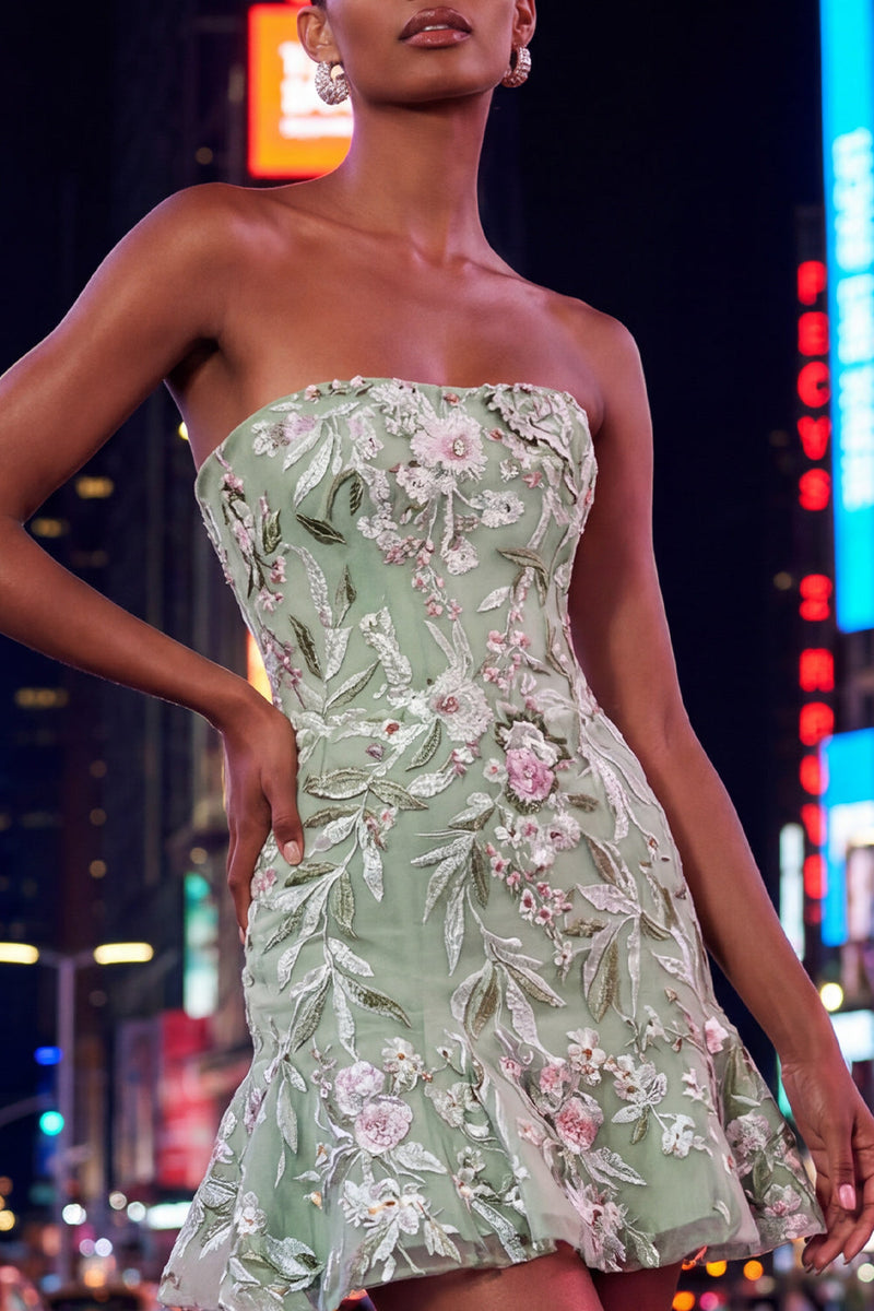 Load image into Gallery viewer, Sage Green Floral Strapless Short Homecoming Dress with Ruffles