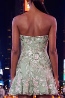 Load image into Gallery viewer, Sage Green Floral Strapless Short Homecoming Dress with Ruffles