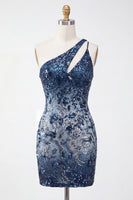 Load image into Gallery viewer, Sparkly Navy Tight Beaded Floral Short Homecoming Dress with Keyhole