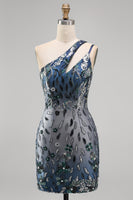 Load image into Gallery viewer, Sparkly Navy Tight Beaded Floral Short Homecoming Dress with Keyhole