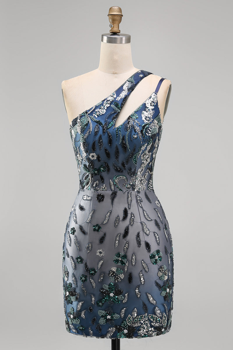 Load image into Gallery viewer, Sparkly Navy Tight Beaded Floral Short Homecoming Dress with Keyhole