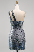 Load image into Gallery viewer, Sparkly Navy Tight Beaded Floral Short Homecoming Dress with Keyhole