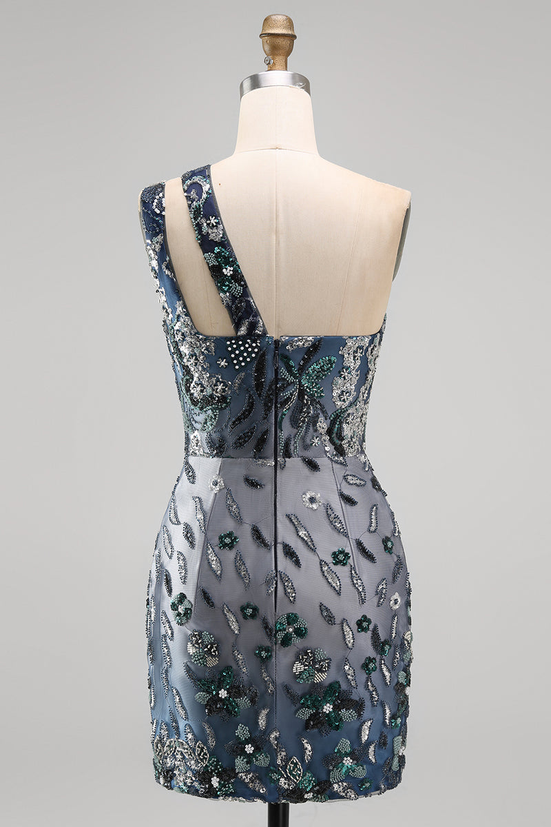 Load image into Gallery viewer, Sparkly Navy Tight Beaded Floral Short Homecoming Dress with Keyhole