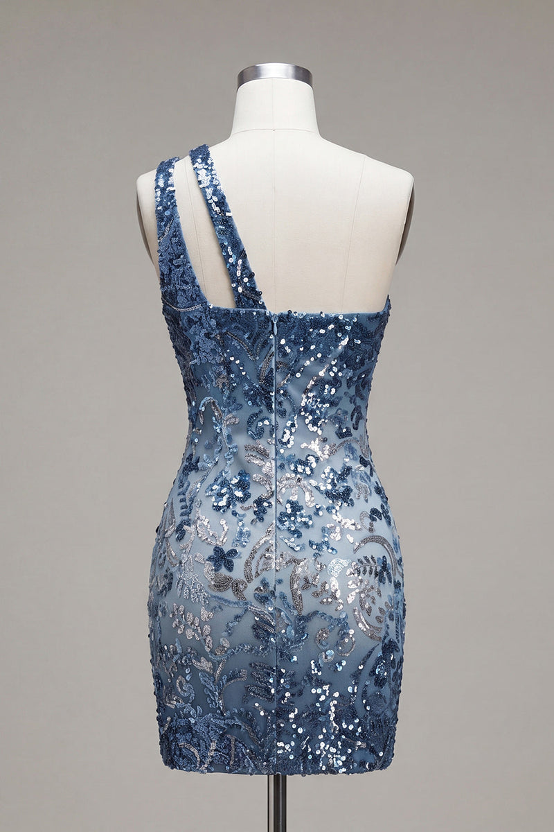 Load image into Gallery viewer, Sparkly Navy Tight Beaded Floral Short Homecoming Dress with Keyhole