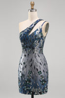 Load image into Gallery viewer, Sparkly Navy Tight Beaded Floral Short Homecoming Dress with Keyhole