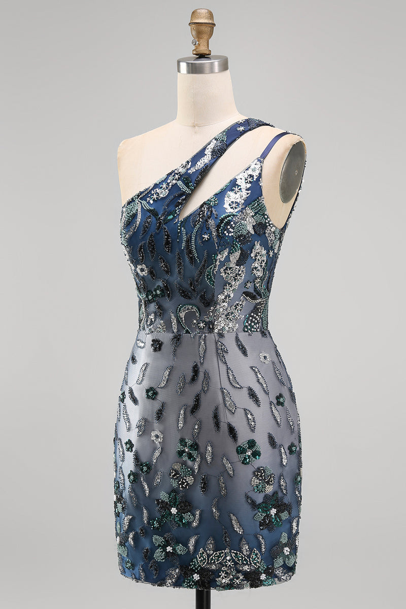Load image into Gallery viewer, Sparkly Navy Tight Beaded Floral Short Homecoming Dress with Keyhole