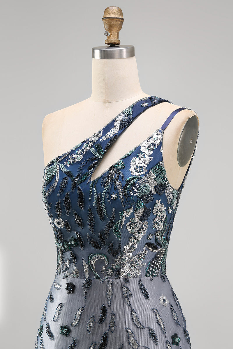 Load image into Gallery viewer, Sparkly Navy Tight Beaded Floral Short Homecoming Dress with Keyhole