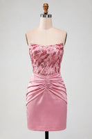 Load image into Gallery viewer, Sparkly Pink Strapless Sequin Ruched Tight Short Homecoming Dress