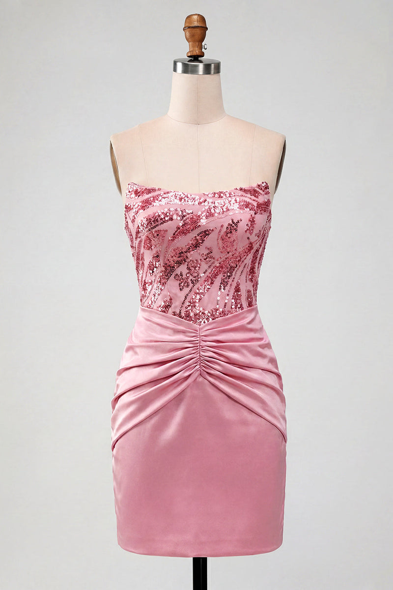 Load image into Gallery viewer, Sparkly Pink Strapless Sequin Ruched Tight Short Homecoming Dress