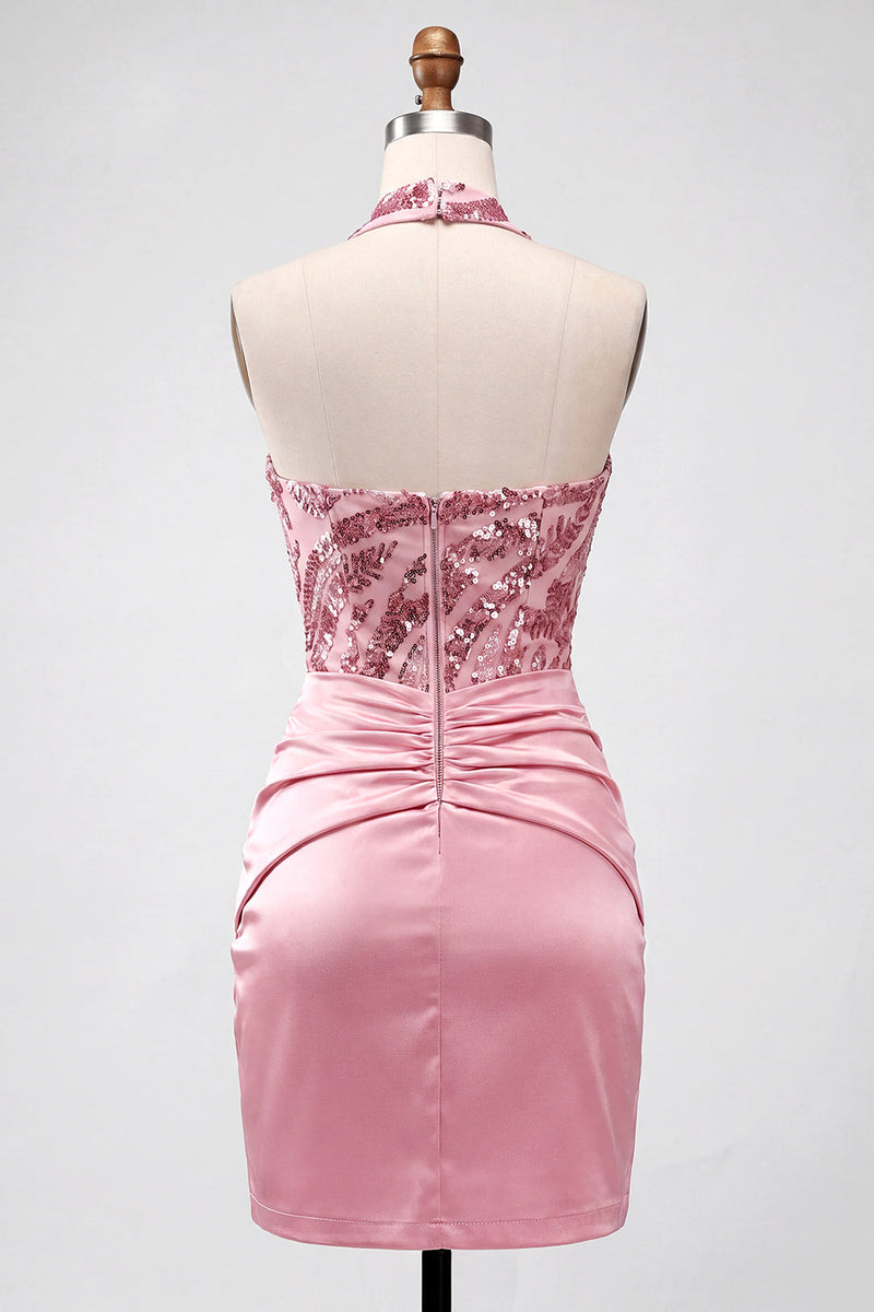 Load image into Gallery viewer, Sparkly Pink Strapless Sequin Ruched Tight Short Homecoming Dress