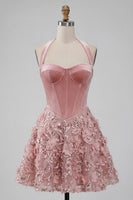 Load image into Gallery viewer, Sparkly Pink Halter Floral Velvet A Line Short Corset Homecoming Dress