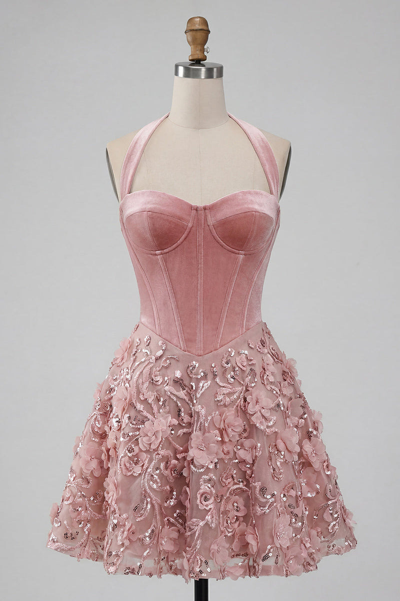 Load image into Gallery viewer, Sparkly Pink Halter Floral Velvet A Line Short Corset Homecoming Dress