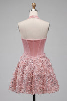 Load image into Gallery viewer, Sparkly Pink Halter Floral Velvet A Line Short Corset Homecoming Dress