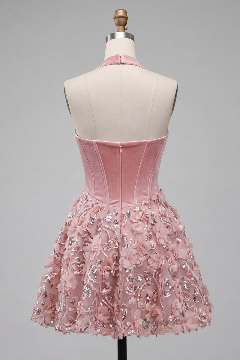 Load image into Gallery viewer, Sparkly Pink Halter Floral Velvet A Line Short Corset Homecoming Dress