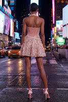 Load image into Gallery viewer, Sparkly Pink Halter Floral Velvet A Line Short Corset Homecoming Dress