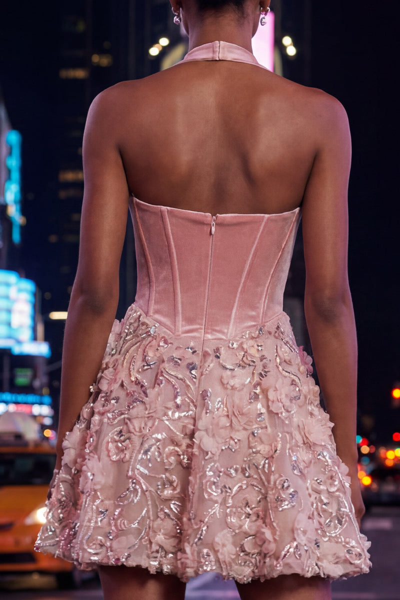 Load image into Gallery viewer, Sparkly Pink Halter Floral Velvet A Line Short Corset Homecoming Dress
