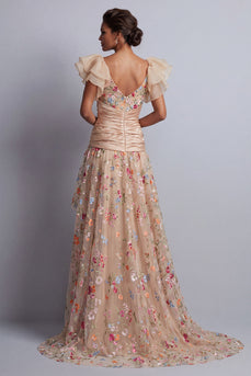 Champagne Floral A Line Ruched High Low Corset Formal Dress with Ruffles