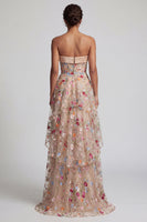 Load image into Gallery viewer, Floral Champagne Strapless A Line Long Corset Formal Dress with Ruffles