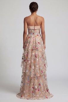 Floral Champagne Strapless A Line Long Corset Formal Dress with Ruffles