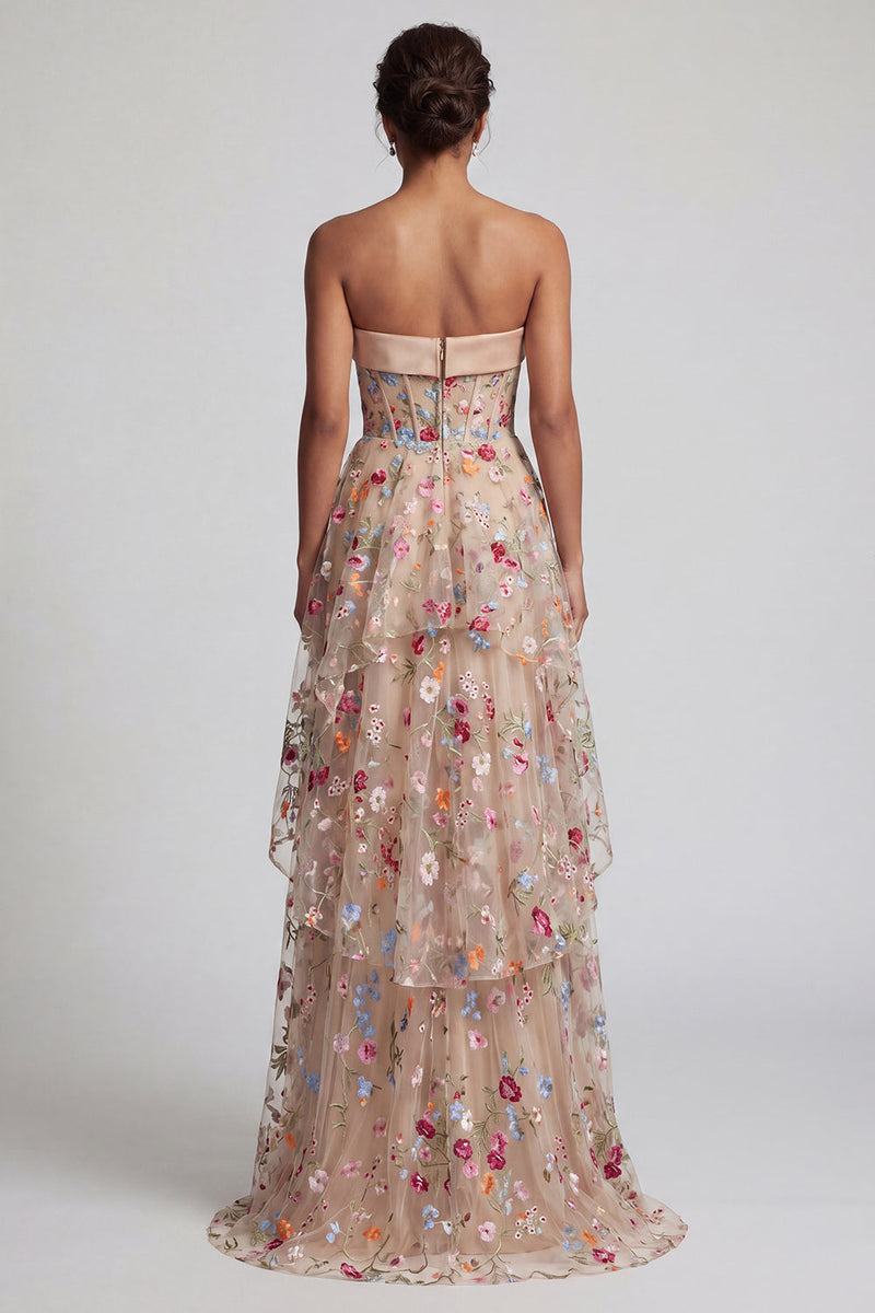 Load image into Gallery viewer, Floral Champagne Strapless A Line Long Corset Formal Dress with Ruffles