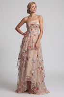 Load image into Gallery viewer, Floral Champagne Strapless A Line Long Corset Formal Dress with Ruffles