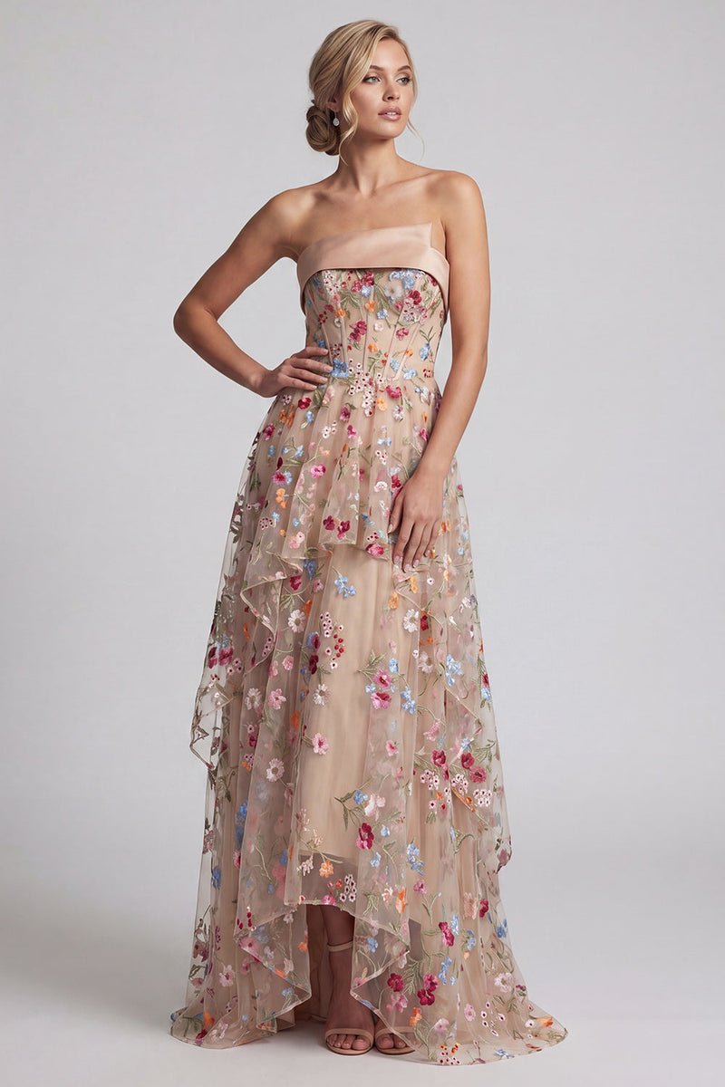 Load image into Gallery viewer, Floral Champagne Strapless A Line Long Corset Formal Dress with Ruffles