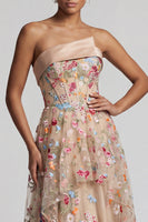 Load image into Gallery viewer, Floral Champagne Strapless A Line Long Corset Formal Dress with Ruffles