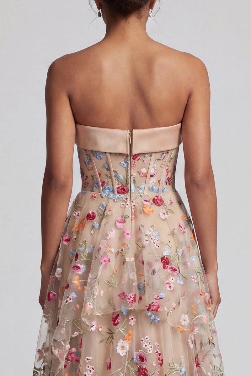 Load image into Gallery viewer, Floral Champagne Strapless A Line Long Corset Formal Dress with Ruffles