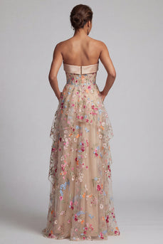 Floral Champagne Ruffled A Line Corset Long Formal Dress with Pockets