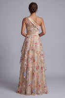Load image into Gallery viewer, Floral Champagne One Shoulder A Line Long Formal Dress with Ruffles