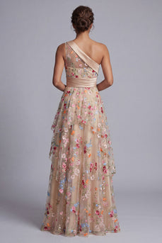 Floral Champagne One Shoulder A Line Long Formal Dress with Ruffles