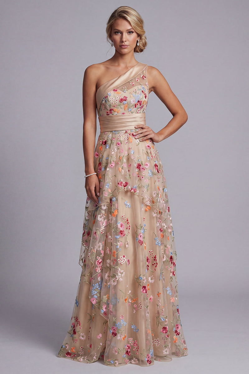 Load image into Gallery viewer, Floral Champagne One Shoulder A Line Long Formal Dress with Ruffles
