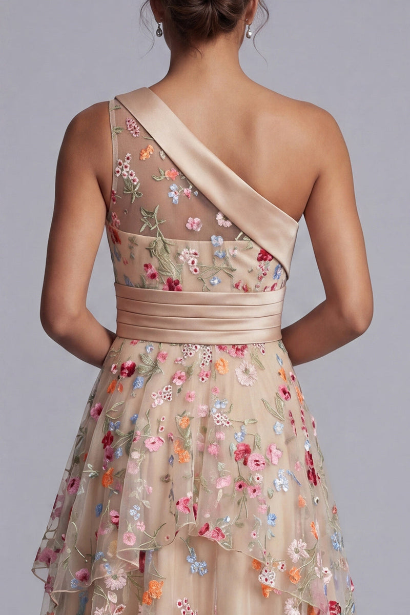 Load image into Gallery viewer, Floral Champagne One Shoulder A Line Long Formal Dress with Ruffles