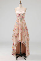 Load image into Gallery viewer, Champagne Basque Waist Floral Corset High Low Formal Dress with Ruffles
