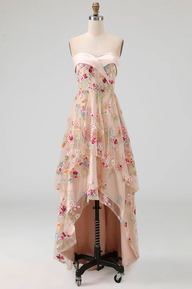 Load image into Gallery viewer, Champagne Basque Waist Floral Corset High Low Formal Dress with Ruffles