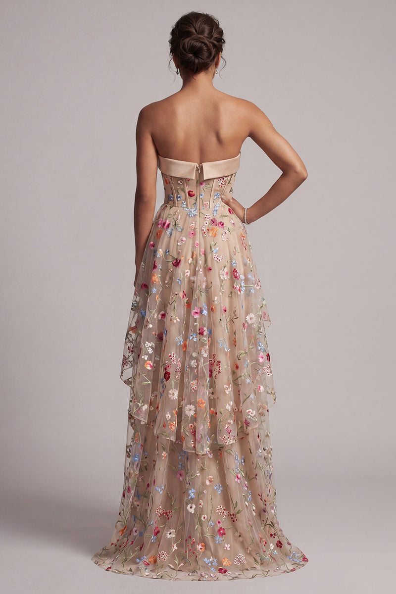 Load image into Gallery viewer, Champagne Basque Waist Floral Corset High Low Formal Dress with Ruffles