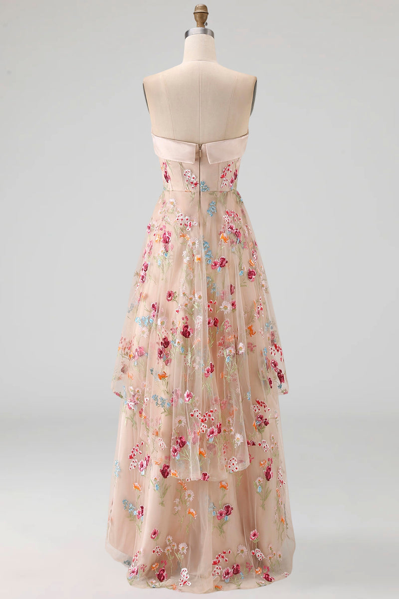 Load image into Gallery viewer, Champagne Basque Waist Floral Corset High Low Formal Dress with Ruffles