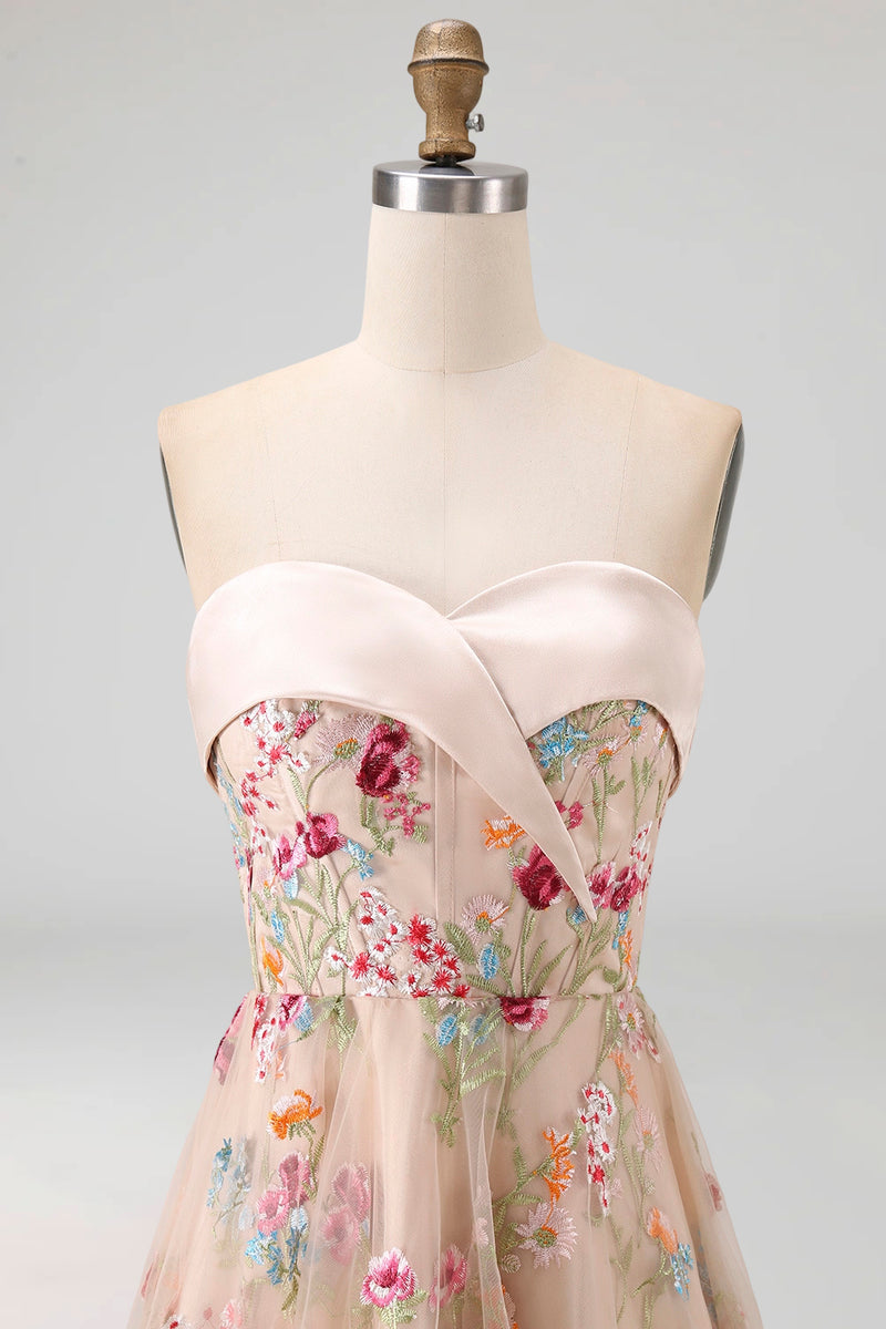 Load image into Gallery viewer, Champagne Basque Waist Floral Corset High Low Formal Dress with Ruffles