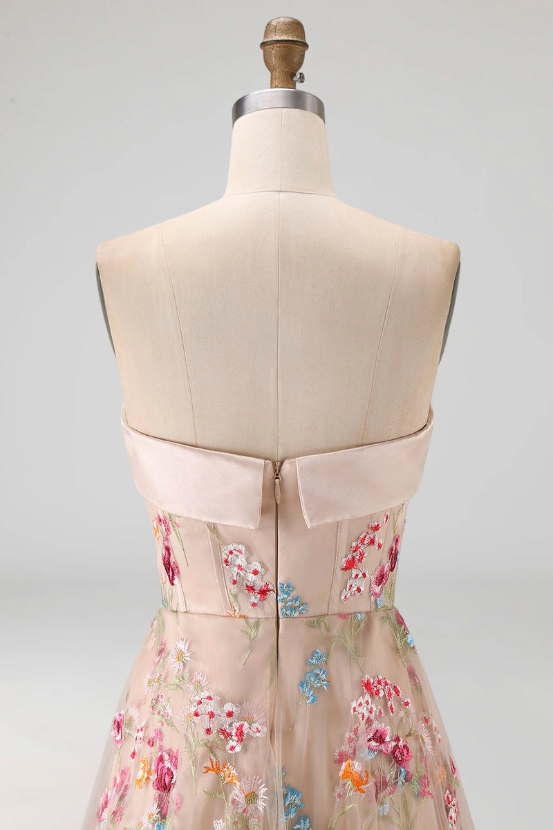 Load image into Gallery viewer, Champagne Basque Waist Floral Corset High Low Formal Dress with Ruffles