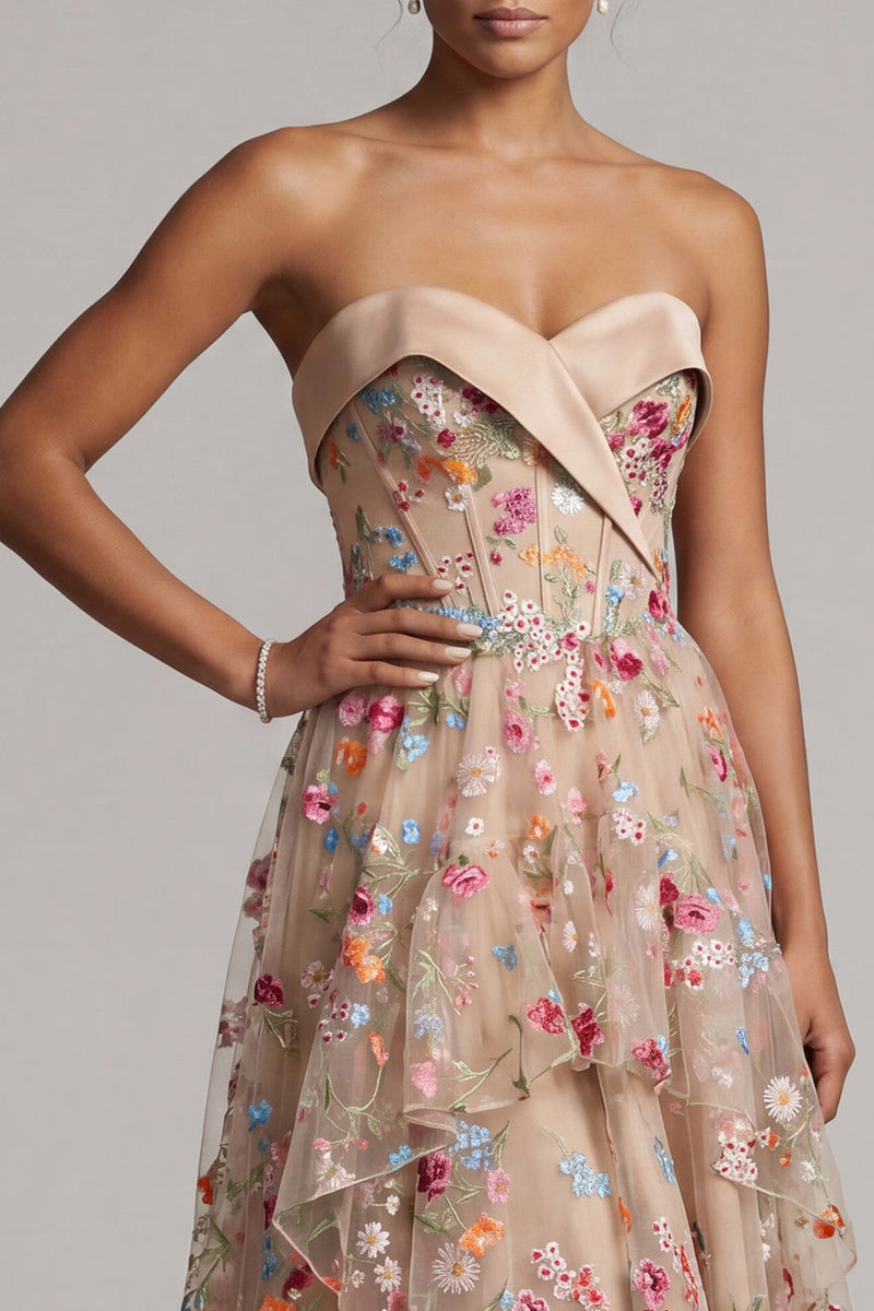 Load image into Gallery viewer, Champagne Basque Waist Floral Corset High Low Formal Dress with Ruffles