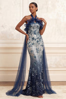 Load image into Gallery viewer, Sparkly Navy Floral Ruffled Halter Mermaid Long Beaded Formal Dress with Cape