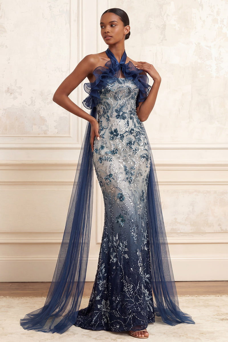 Load image into Gallery viewer, Sparkly Navy Floral Ruffled Halter Mermaid Long Beaded Formal Dress with Cape