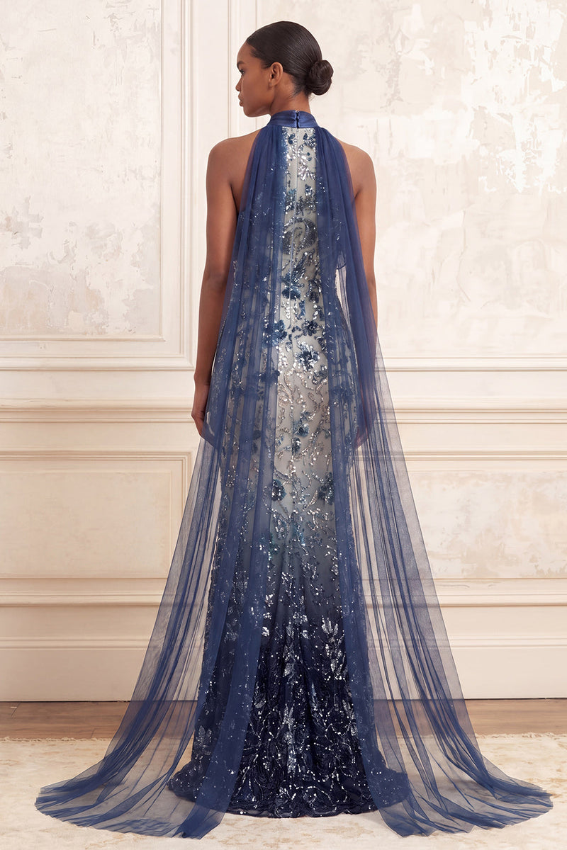 Load image into Gallery viewer, Sparkly Navy Floral Ruffled Halter Mermaid Long Beaded Formal Dress with Cape