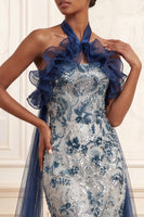 Load image into Gallery viewer, Sparkly Navy Floral Ruffled Halter Mermaid Long Beaded Formal Dress with Cape