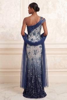 Sparkly Navy Floral One Shoulder Ruched Mermaid Long Beaded Formal Dress
