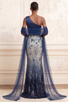 Sparkly Navy Floral Mermaid One Shoulder Ruched Long Beaded Formal Dress