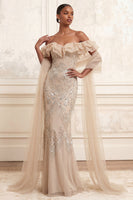 Load image into Gallery viewer, Mermaid Sparkly Apricot Ruffled Beaded Long Formal Dress with Shawl