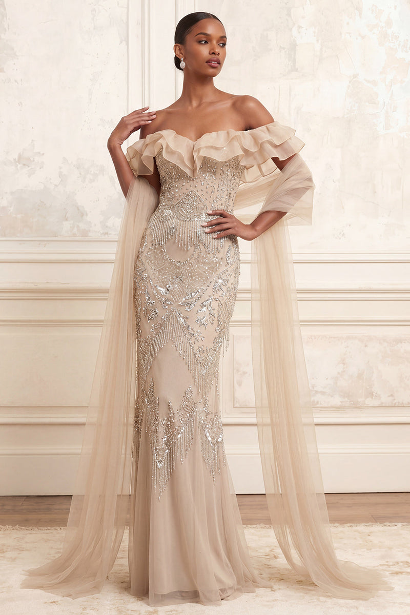 Load image into Gallery viewer, Mermaid Sparkly Apricot Ruffled Beaded Long Formal Dress with Shawl