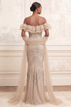 Mermaid Sparkly Apricot Ruffled Beaded Long Formal Dress with Shawl