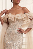 Load image into Gallery viewer, Mermaid Sparkly Apricot Ruffled Beaded Long Formal Dress with Shawl